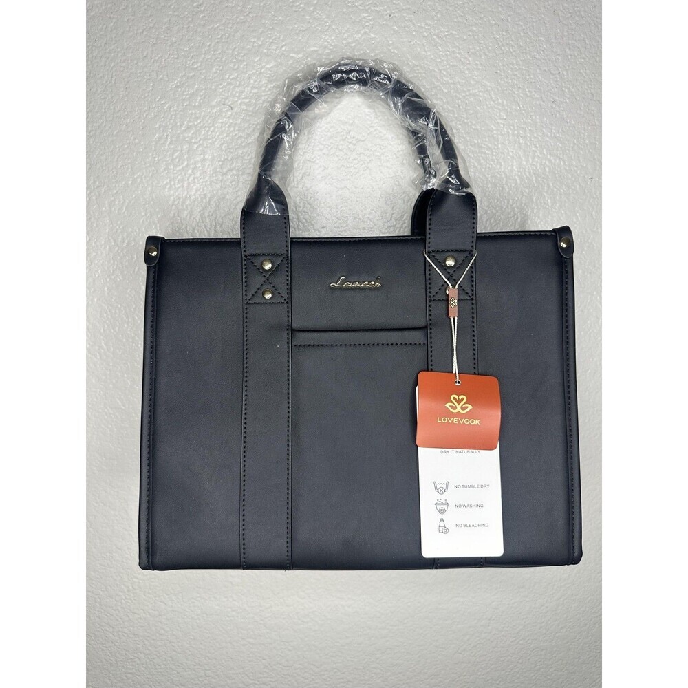 Lovevook Tote Bag Womens Large Black Faux Leather Structured Work Zip Purse